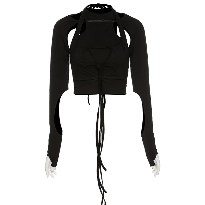 Top ajouré nues à manches longues et lanières – Noir