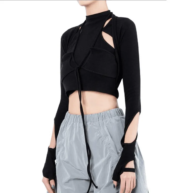 Top ajouré nues à manches longues et lanières – Noir – Image 3