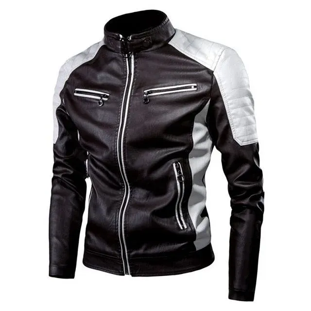 Veste moto en cuir col montant
