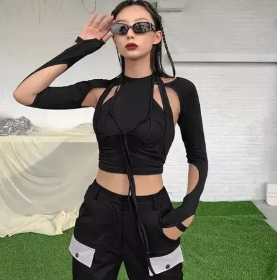 Top ajouré nues à manches longues et lanières – Noir – Image 2