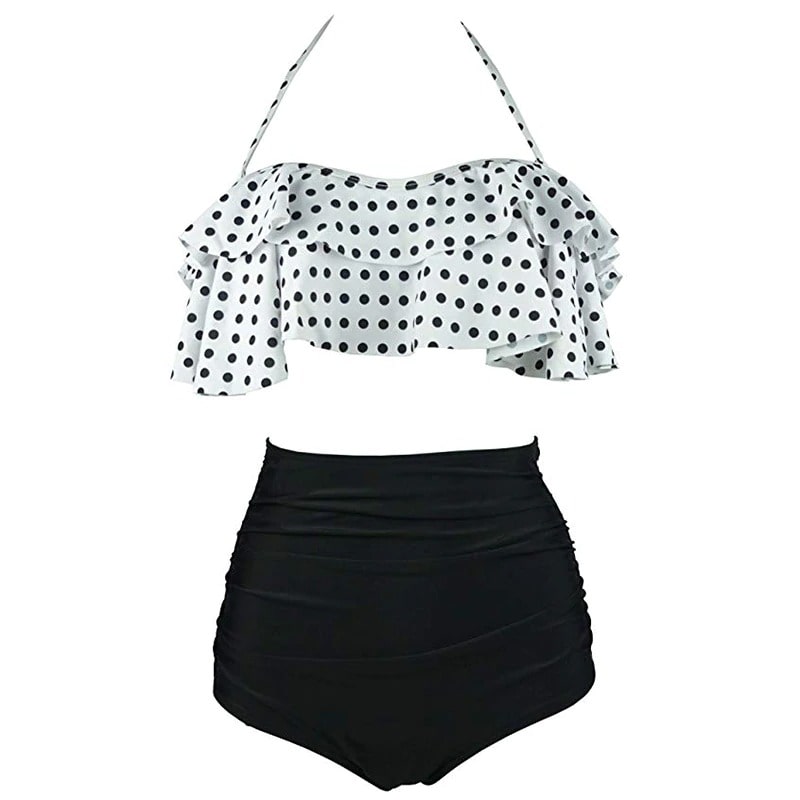 Maillots de Bain Vintage à volants blancs à pois noirs – Image 2