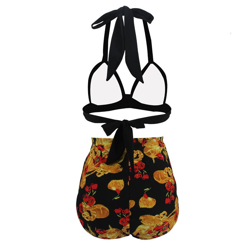 Maillots de Bain Vintage noir à fleurs taille haute – Image 3