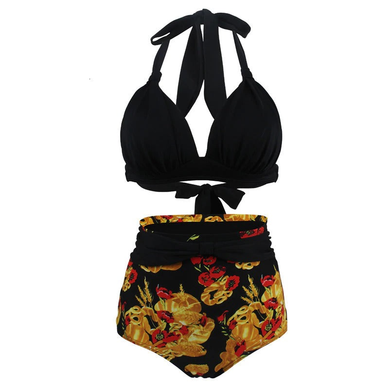Maillots de Bain Vintage noir à fleurs taille haute – Image 2