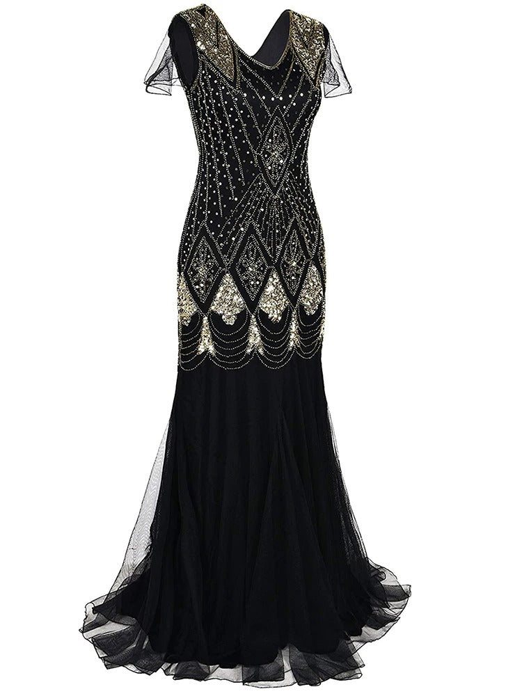 Robe Gatsby élégante longue noire et dorée – Image 3