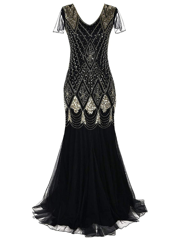 Robe Gatsby élégante longue noire et dorée