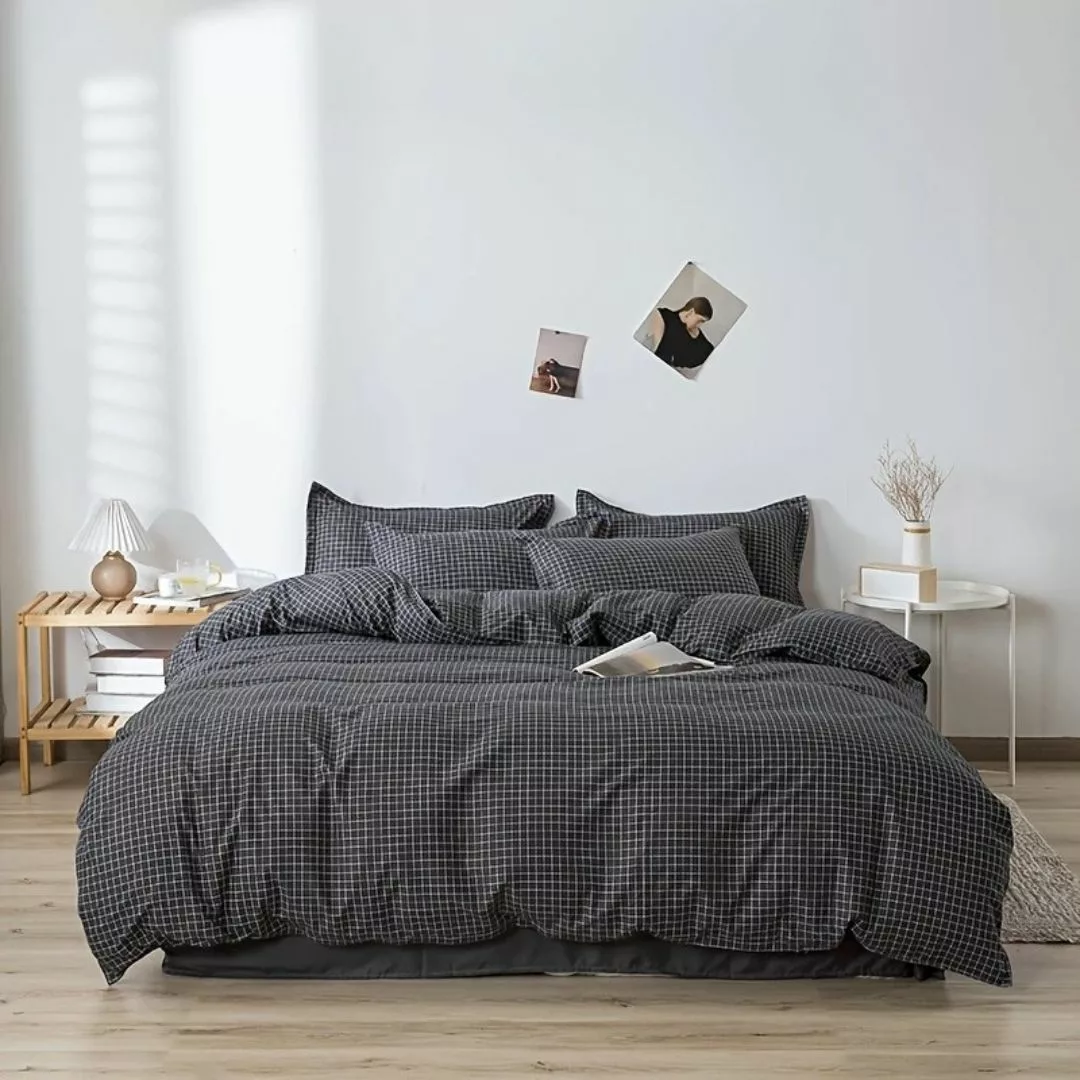 Parure de lit carreaux noirs minimalistes – Élégance moderne et sommeil raffiné – Style épuré pour chambre design