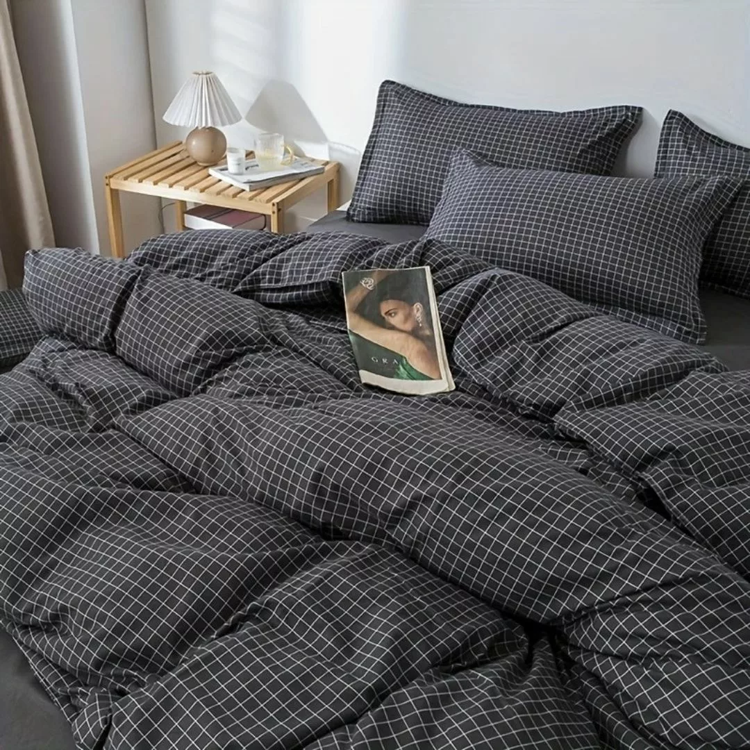 Parure de lit carreaux noirs minimalistes – Élégance moderne et sommeil raffiné – Style épuré pour chambre design – Image 4