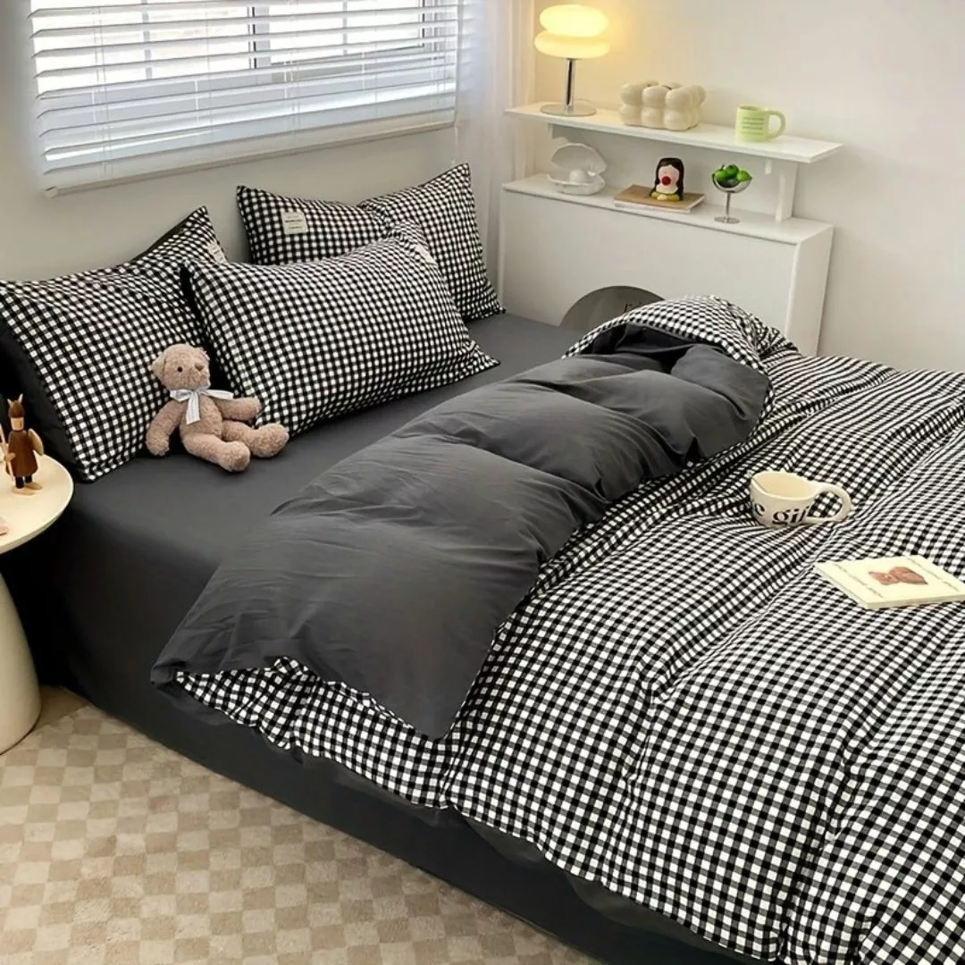 Parure de lit vichy noir moderne – Style chic et intemporel pour chambre élégante – Confort doux 100 % coton – Image 4