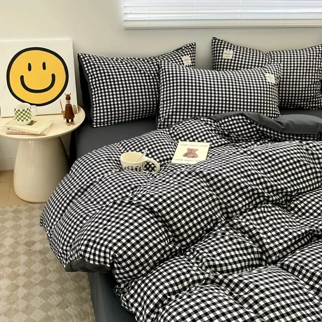 Parure de lit vichy noir moderne – Style chic et intemporel pour chambre élégante – Confort doux 100 % coton – Image 2