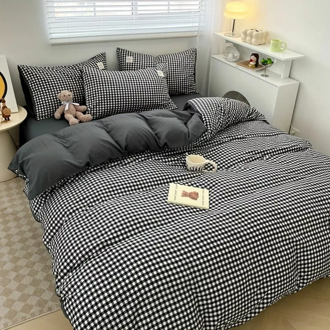 Parure de lit vichy noir moderne – Style chic et intemporel pour chambre élégante – Confort doux 100 % coton