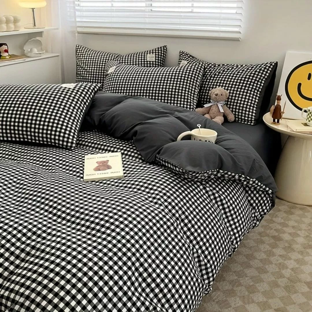 Parure de lit vichy noir moderne – Style chic et intemporel pour chambre élégante – Confort doux 100 % coton – Image 3