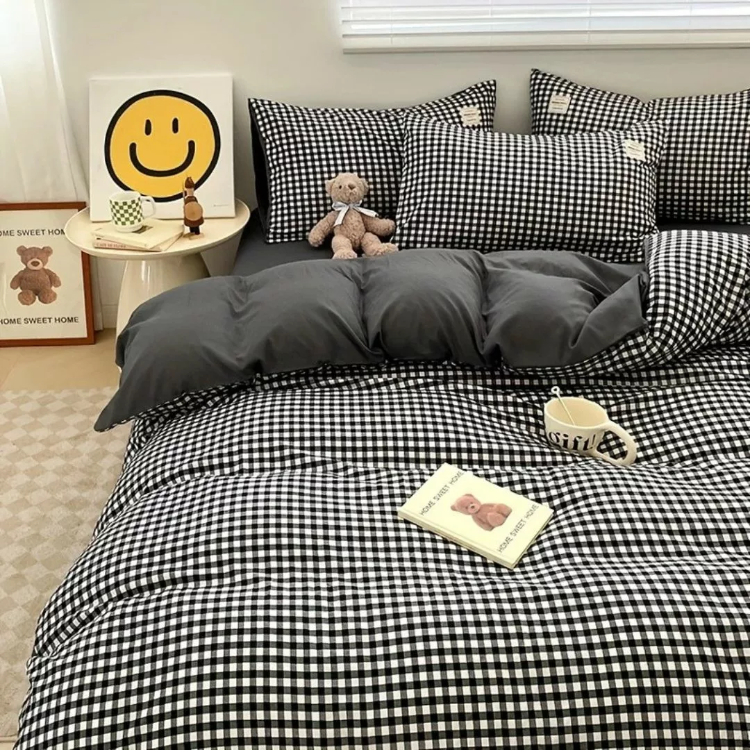 Parure de lit vichy noir moderne – Style chic et intemporel pour chambre élégante – Confort doux 100 % coton – Image 7